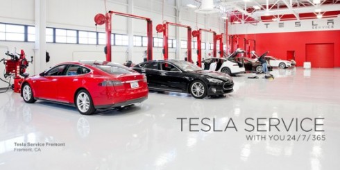 Tesla Service centers have impractical white floors to highlight that the cars run clean without messy oil and fluids